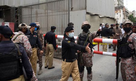 Police & Rangers outside Pakistan Stock Exchange