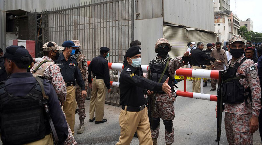 Police & Rangers outside Pakistan Stock Exchange