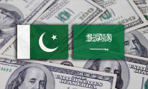 pakistan and saudi arabia flag and dollar currency behind