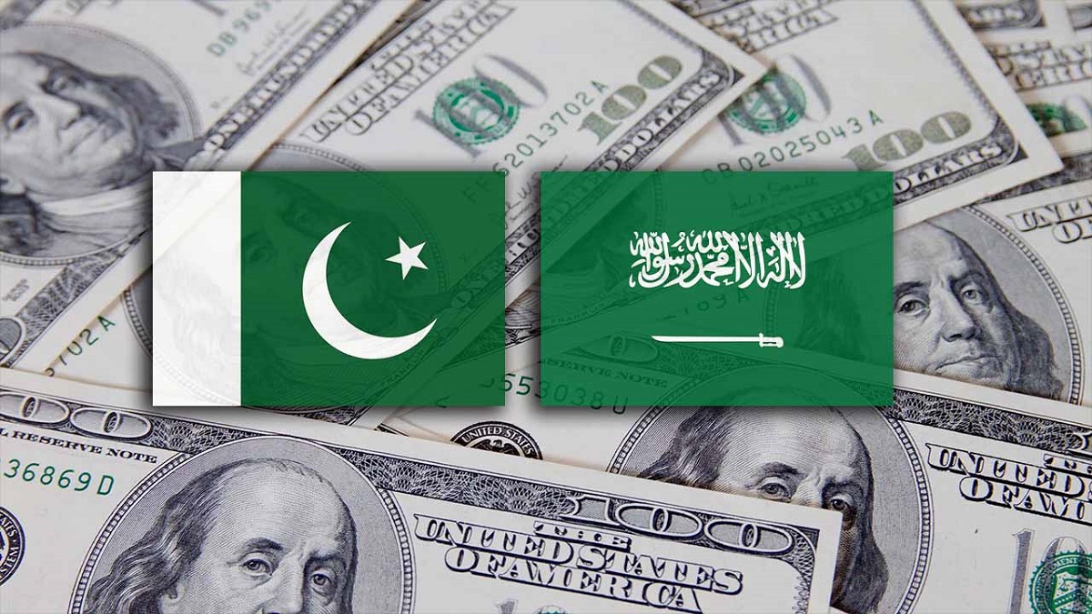 pakistan and saudi arabia flag and dollar currency behind